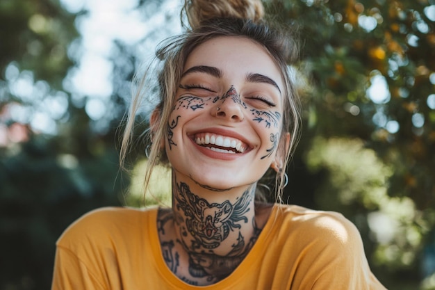 Photo a young woman with neck and face tattoos happily smiling and laughing exuding confidence