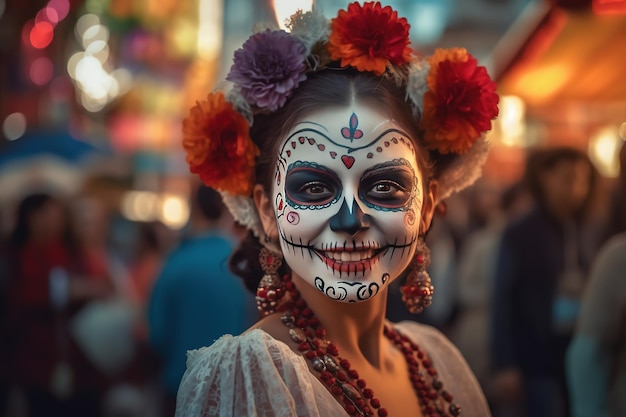 young woman with painted skull on his face outdoors Celebration of Mexico's Day of the Dead