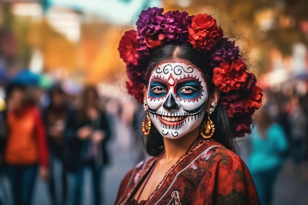 young woman with painted skull on his face outdoors Celebration of Mexico's Day of the Dead