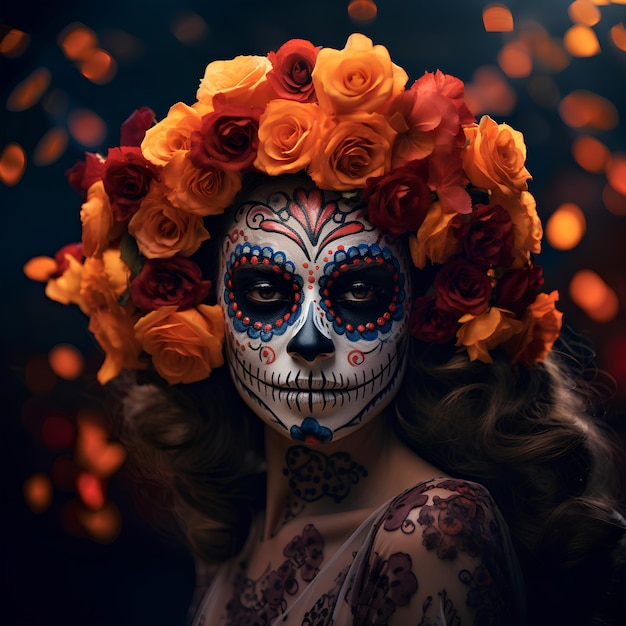 Young woman with painted skull on his face with flower in her hair Celebration of Mexico Day of the