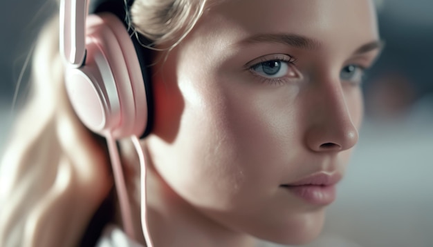 Young woman with pastel pink headphones