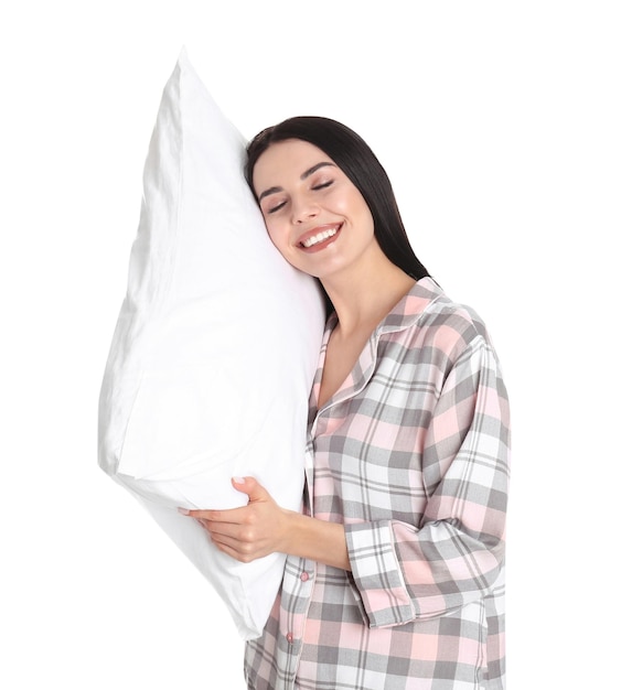 Young woman with pillow on white background