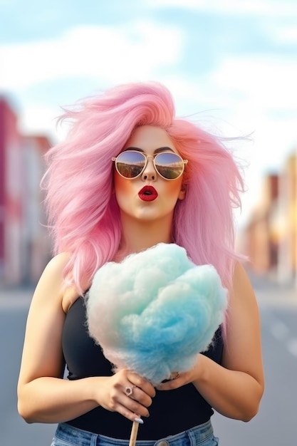 Young woman with pink colored hair walking on the street eating cotton candy Generative AI