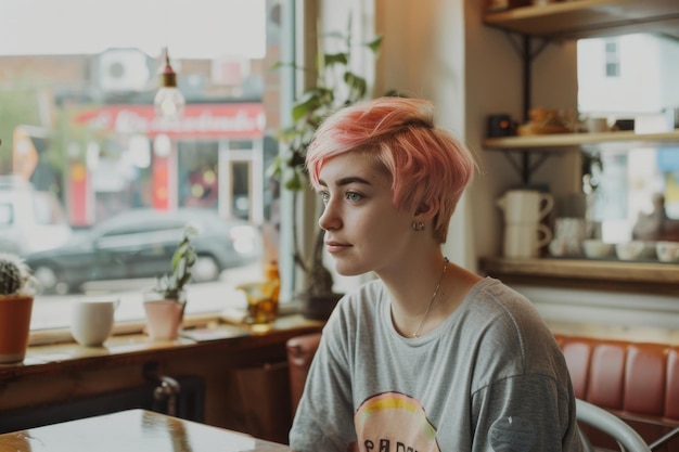 Photo young woman with pink hair contemplating in a cozy cafe setting