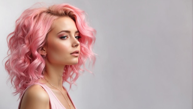 young woman with pink hair isolated on bright white background