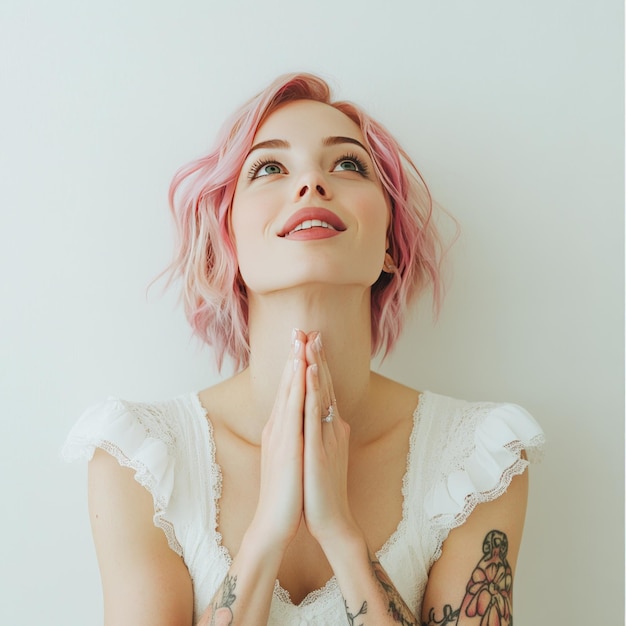 Young woman with pink hair praying with her hands clasped together looking up with a hopeful expression