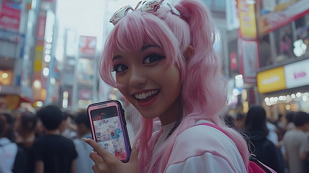 Photo young woman with pink hair smiles while looking at her phone in a busy city street