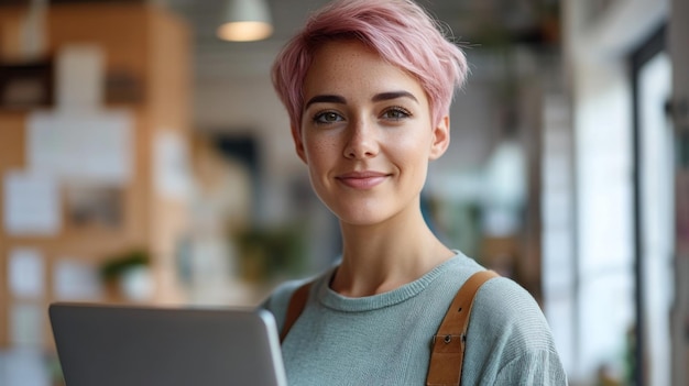 Photo young woman with pink hair using a laptop in a modern office