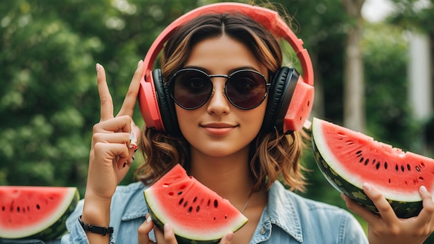 young woman with pink hair wearing headphones and sunglasses She is eating a slice of watermelon an