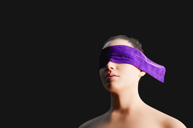 Young woman with purple cloth on eyes