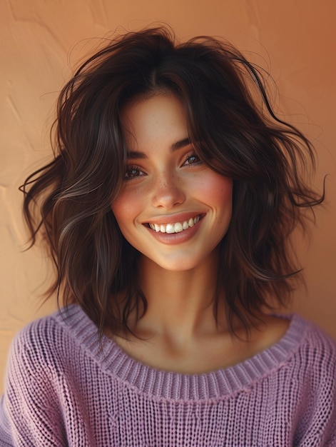 a young woman with radiant skin and a beaming smile wearing a casual purple sweater