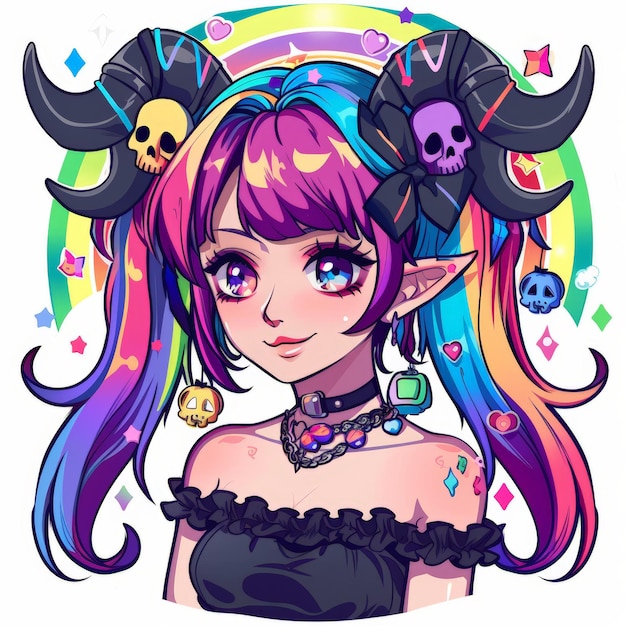 A young woman with rainbow hair and horns with skulls on them She is wearing a black top and has a rainbow background