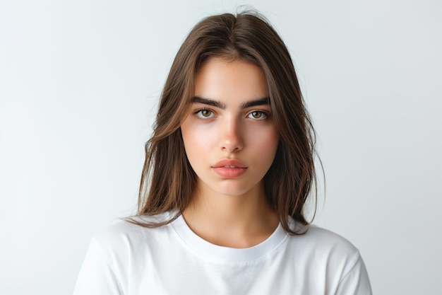 Young woman with raised eyebrow looking at the camera isolated over a white background