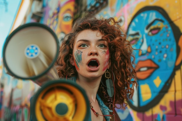 Photo a young woman with red curly hair stands in front of a colorful graffiti wall holding a megaphone and shouting