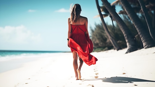 Young woman with a red dress walking on the beach ai generative illustration