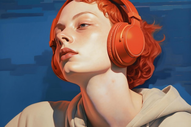 Young woman with red hair and headphones listening to music