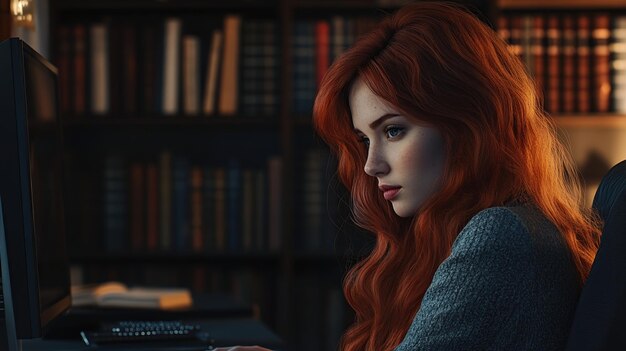 Young woman with red hair in a library setting