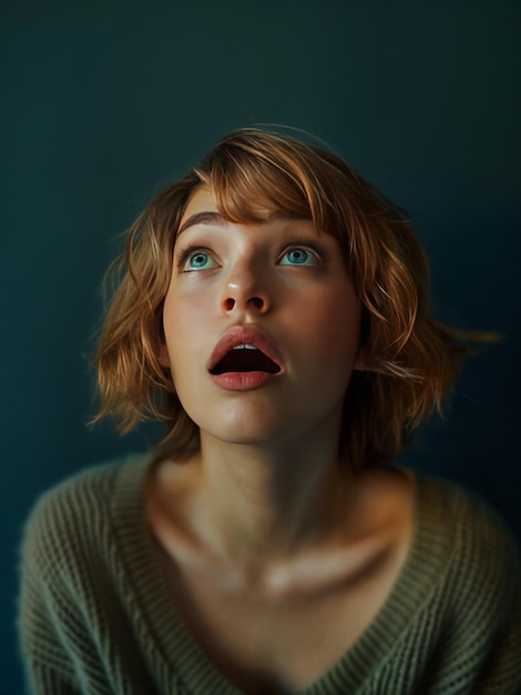 Photo a young woman with red hair looks upwards with her mouth open her eyes are wide and she appears to be in awe or surprise