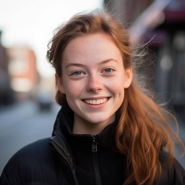 a young woman with red hair smiles for the camera