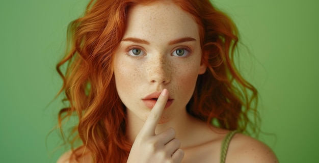 Photo young woman with red hair in a vibrant green studio background showing a shout hush gesture finger