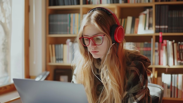 Photo a young woman with red headphones is focused on her laptop in a cozy library setting immersed in her work or study