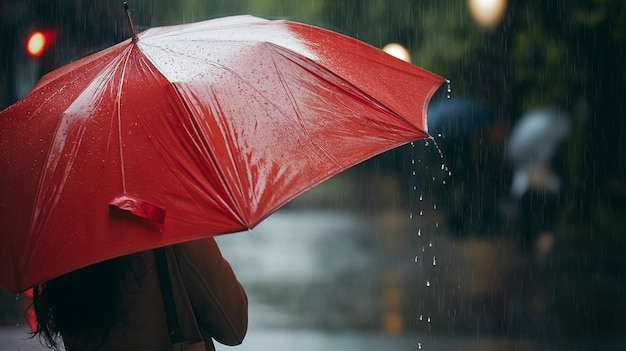 Young woman with red umbrella in the rain Rainy day