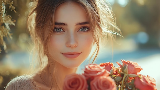 Photo young woman with roses in the park looking at the camera smiling