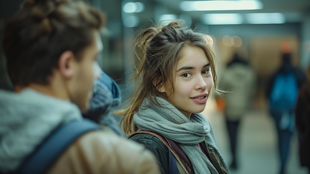 A young woman with a scarf and messy hair leans in talking to her boyfriend The surrounding crowd