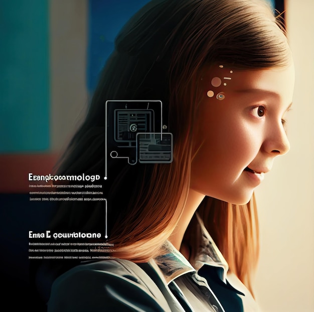 Photo a young woman with a screenshot of her face recognition