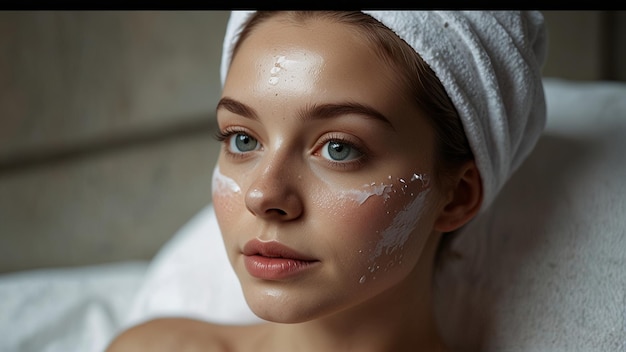 A young woman with a serene expression has a towel wrapped around her head