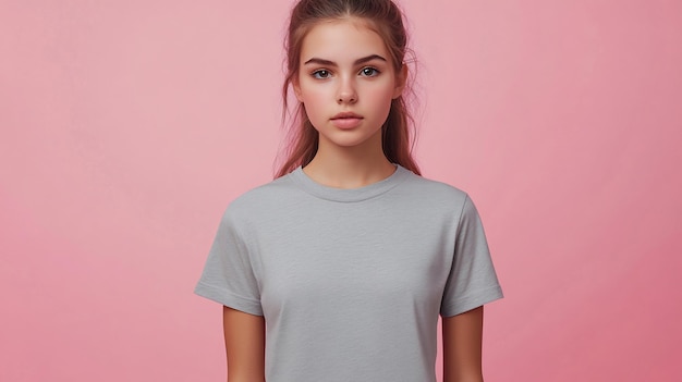 Photo young woman with a serious expression against a soft pink background