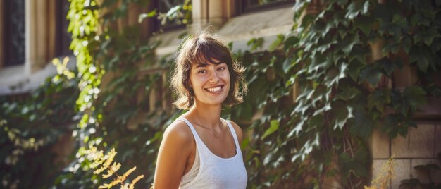 A young woman with a short bob haircut smiles brightly in front of an ivycovered wall bathed in warm sunlight