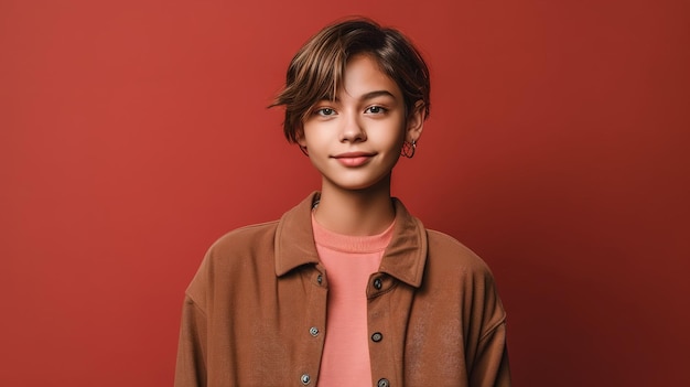 A young woman with short brown hair wearing a brown jacket and a pink shirt.