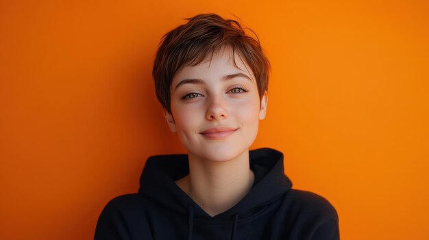 Photo young woman with short hair smiling against a vibrant orange wall in a casual black hoodie during daylight