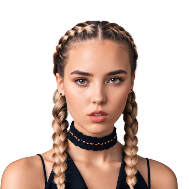 Photo young woman with side french braid and choker necklace plain face piercing eyes kissing mouth essence of diverse femininity