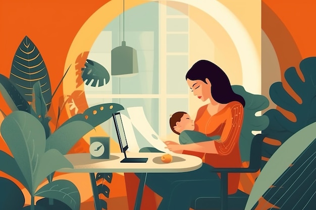 Photo a young woman with a small child works on a computer from home illustrating the challenges of maternity leave generative ai