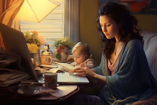 Photo a young woman with a small child works on a computer from home illustrating the challenges of maternity leave generative ai