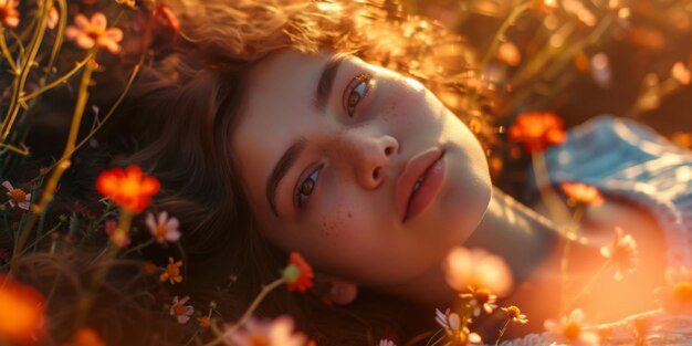 Young woman with soft expression lying among pink flowers at sunset capturing serene atmosphere