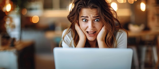 A young woman with a stressed expression looking at a laptop screen in a modern home office with warm lighting