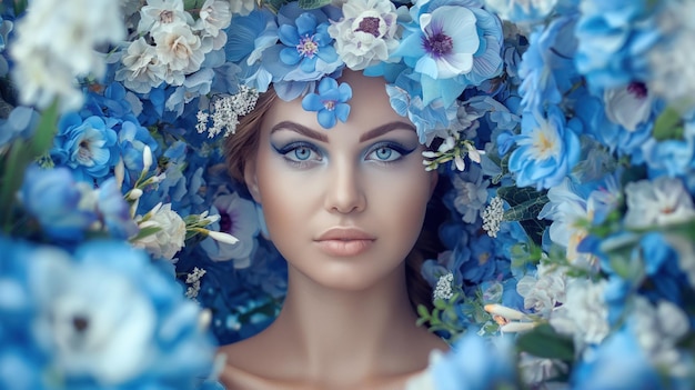 Photo a young woman with striking features is framed by vibrant blue flowers showcasing her captivating blue eyes and bold makeup against a backdrop of naturevds beauty