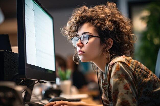 Young woman with student glasses is bored in front of the computer