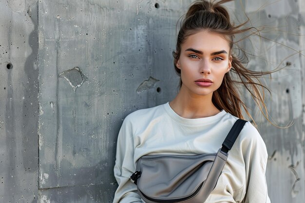 Photo young woman with stylish waist bag near grey wall outdoors closeup