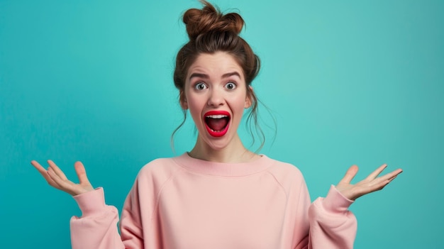 young woman with a surprised and excited expression her mouth open wide hands raised wearing a pink sweatshirt with her hair in a bun against a teal background