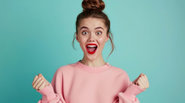 young woman with a surprised and excited expression her mouth open wide hands raised wearing a pink sweatshirt with her hair in a bun against a teal background