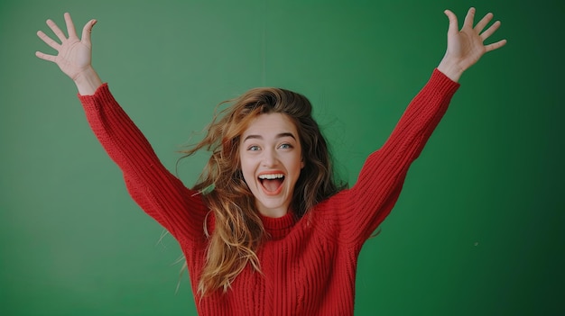 Photo young woman with surprised expression on green background