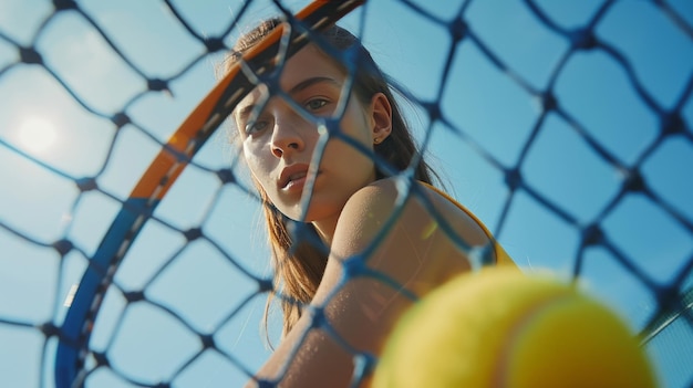 Young woman with tennis racket and ball on field in match ball passing through net