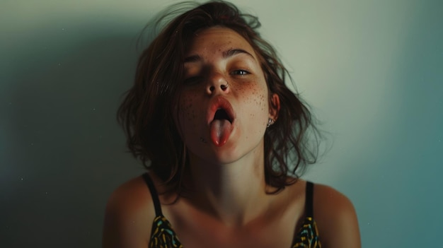 Photo a young woman with tousled hair and freckles sticks out her tongue exuding a mix of mischievousness and carefree attitude