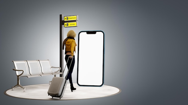 A young woman with travel suitcase goes to big smartphone 3d illustration