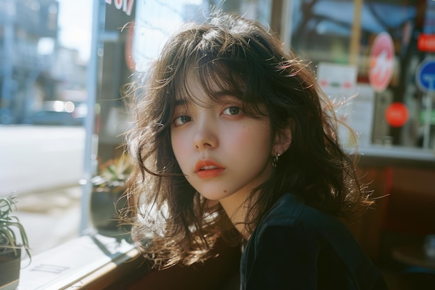 Young Woman with Trendy Hairstyle Posing in Urban Cafe with Warm Natural Light