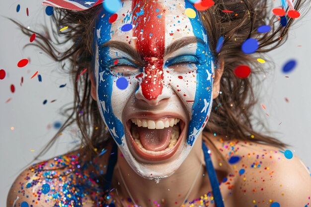 Young woman with usa flag face paint and confetti shouting with open mouth